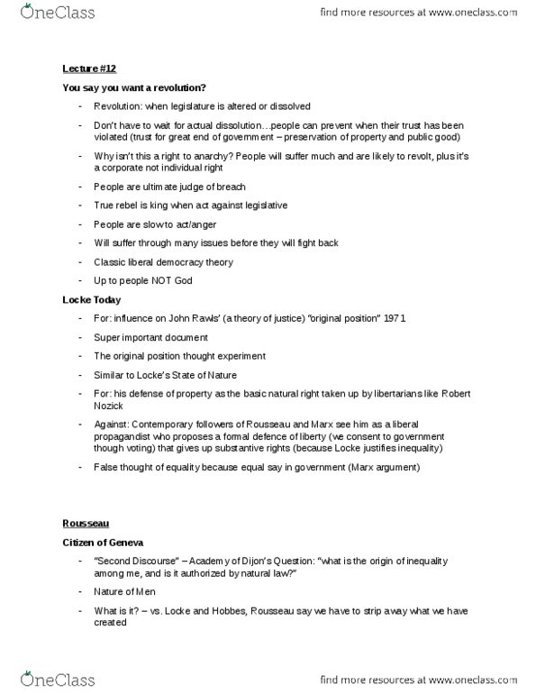 POLI 2P92 Lecture Notes - Lecture 12: Robert Nozick, Liberal Democracy, Thought Experiment thumbnail