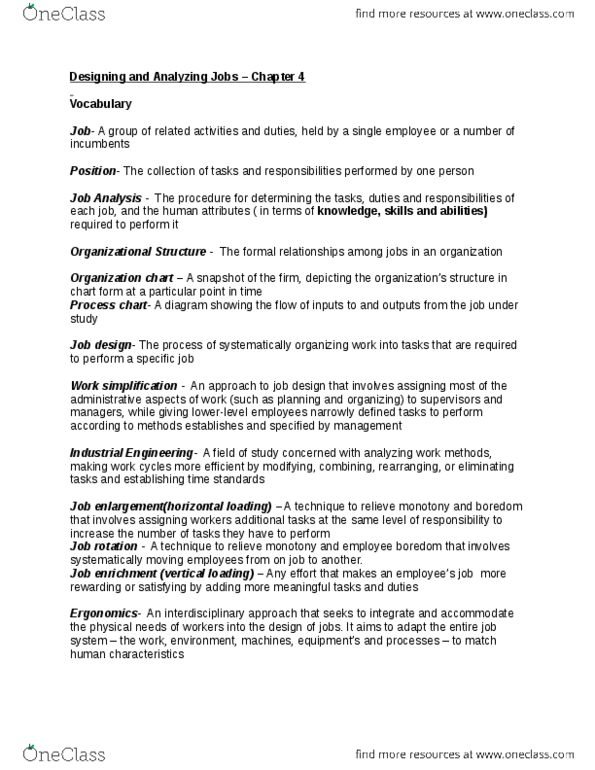 MHR 523 Chapter Notes - Chapter 4: Job Analysis, Job Enrichment, Job Design thumbnail