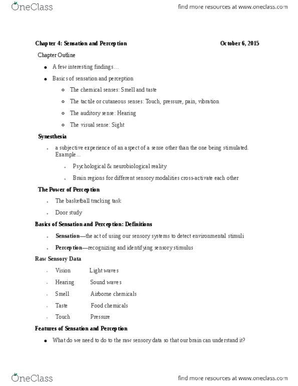 PSY 105 Lecture Notes - Lecture 4: Auditory Cortex, Umami, Olfactory Receptor thumbnail