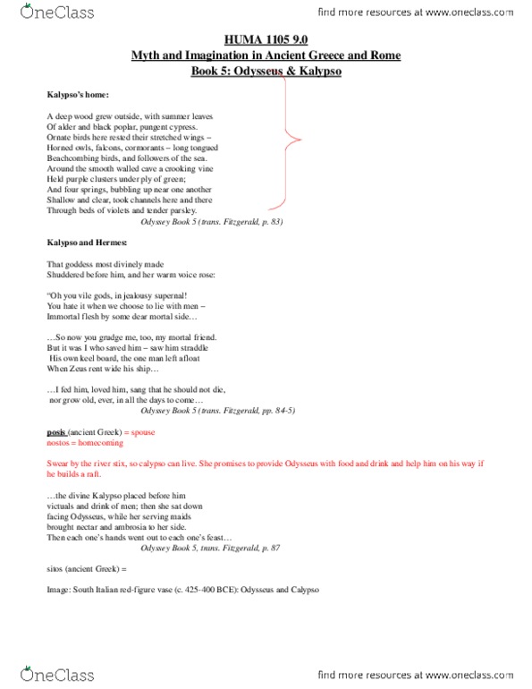 HUMA 1100 Lecture Notes - Lecture 5: Populus Nigra, Odyssey 5, Odysseus thumbnail