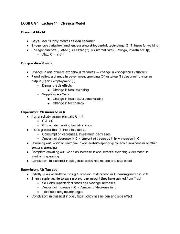 ECON-UA 1 Lecture Notes - Lecture 11: Loanable Funds, Fiscal Policy, Statics thumbnail