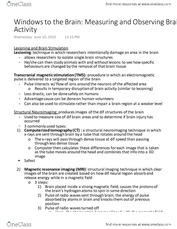 PSYA01H3 Chapter Notes - Chapter 4: Positron Emission Tomography, Magnetic Resonance Imaging, Diffusion Mri thumbnail