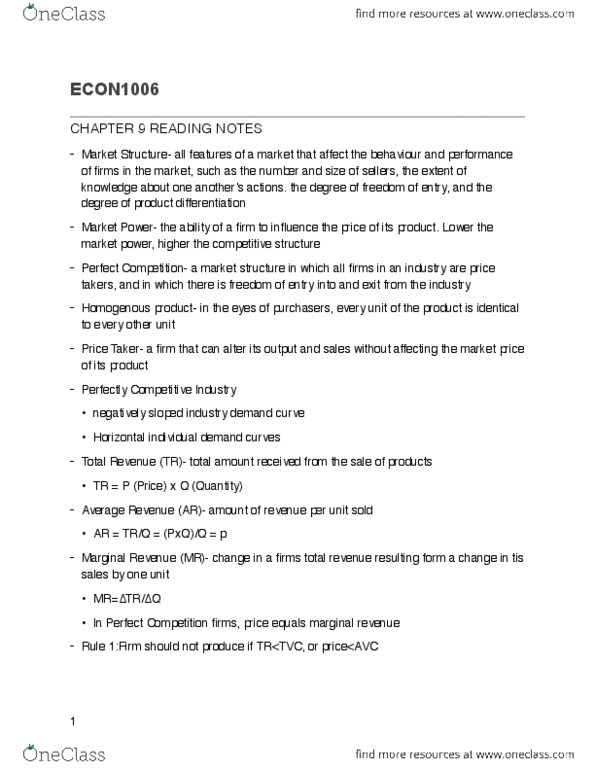 ECON-1006EL Chapter Notes - Chapter 9: Market Power, Perfect Competition, Product Differentiation thumbnail