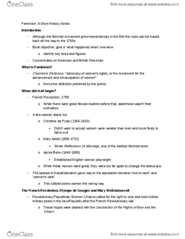 RELG 203 Chapter Notes - Chapter ---: Olympe De Gouges, Mary Astell, Mary Wollstonecraft thumbnail