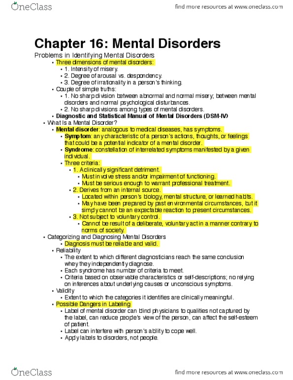 PSYCH 1 Chapter Notes - Chapter 16: Mental Disorder, Schizophrenia, Conversion Disorder thumbnail