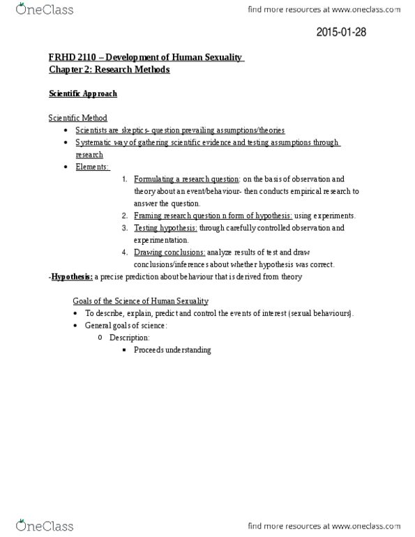 FRHD 2100 Chapter Notes - Chapter 2: Human Sexuality, Human Sexual Activity, Scientific Method thumbnail