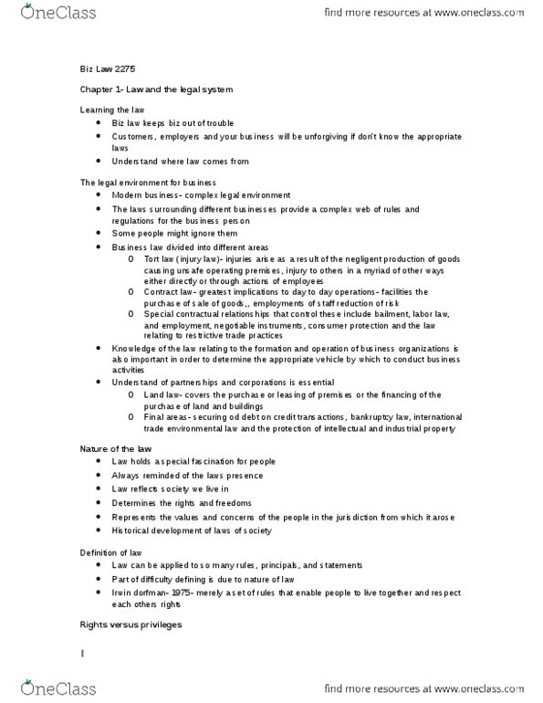 Management and Organizational Studies 2275A/B Lecture 1: Biz Law 2275 midterm 1 notes thumbnail