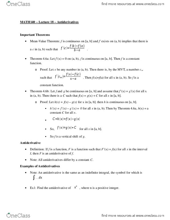 MATH 140 Lecture Notes - Lecture 18: Constant Function, Antiderivative, Quadratic Formula thumbnail
