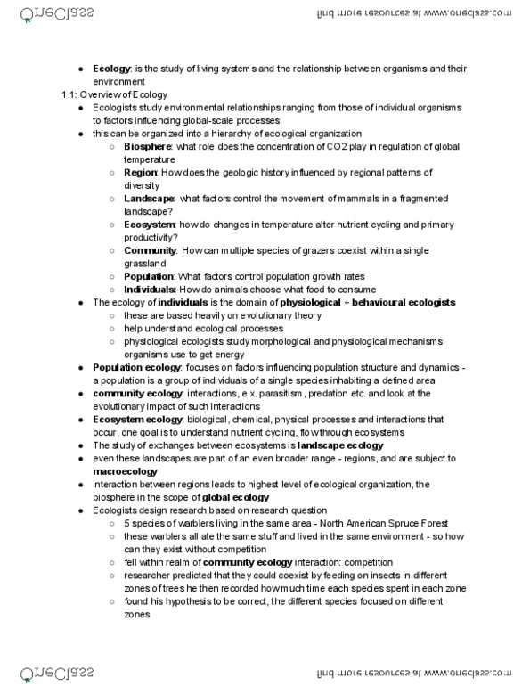 BIOLOGY 2F03 Chapter Notes - Chapter 1: Landscape Ecology, Ecosystem Ecology, Population Ecology thumbnail