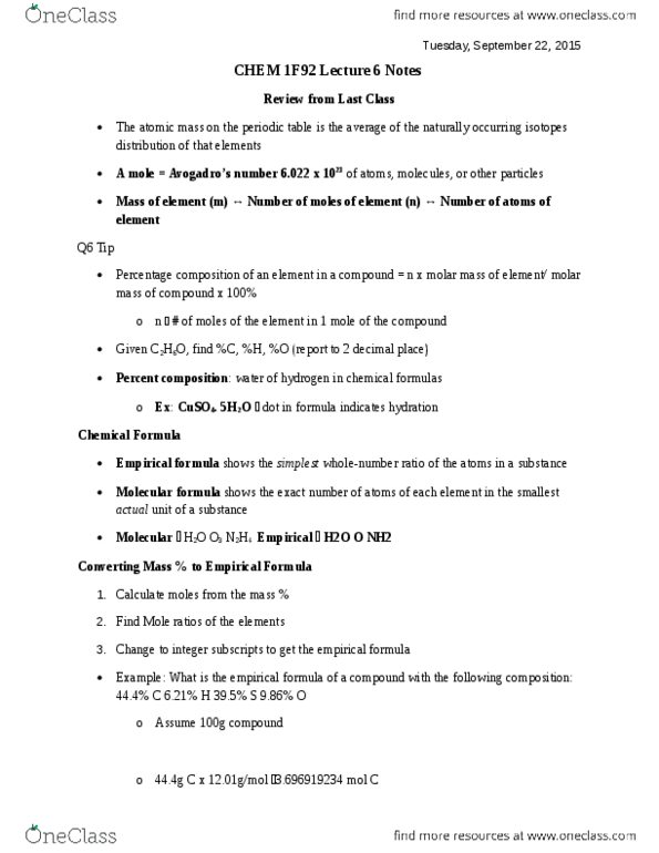 CHEM 1F92 Lecture Notes - Lecture 6: Molar Mass, Chemical Formula, Empirical Formula thumbnail