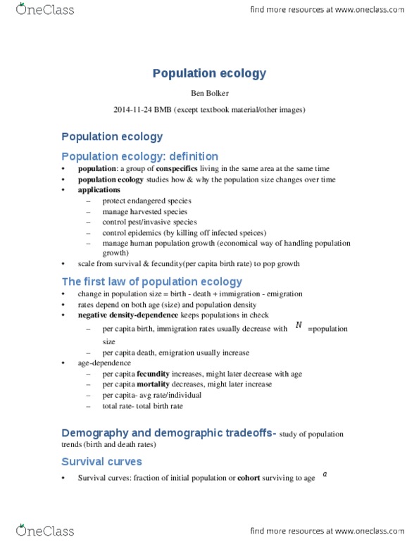 BIOLOGY 1M03 Lecture Notes - Lecture 4: Population Ecology, Life Table, Jeffrey Rowland thumbnail
