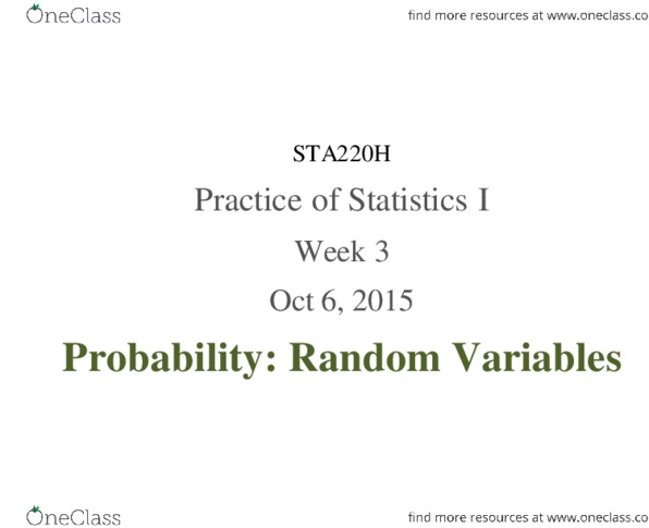 STA220H1 Lecture Notes - Lecture 3: Probability Mass Function, Bernoulli Distribution, Probability Distribution thumbnail