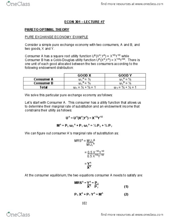 ECON301 Lecture Notes - Lecture 7: Exchange Economy, Pareto Efficiency, Utility thumbnail