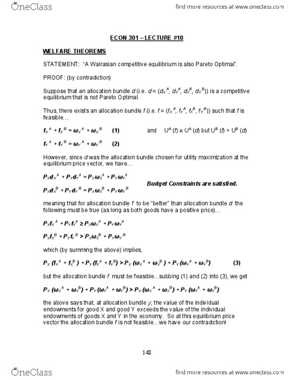 ECON301 Lecture Notes - Lecture 10: Pareto Efficiency, Exchange Economy, Competitive Equilibrium thumbnail