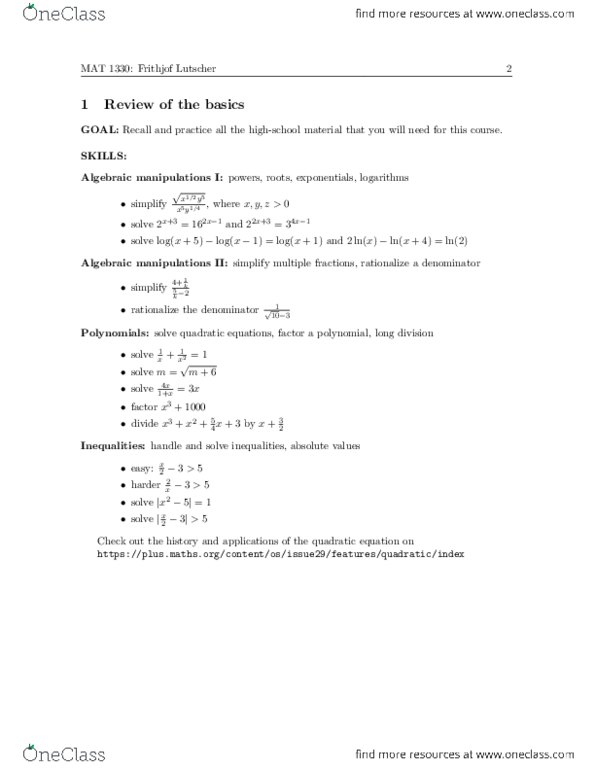 MAT 1330 Lecture Notes - Lecture 5: Quadratic Equation thumbnail