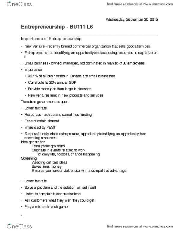 BU111 Lecture Notes - Lecture 6: Small Business, Contract, Match Game thumbnail