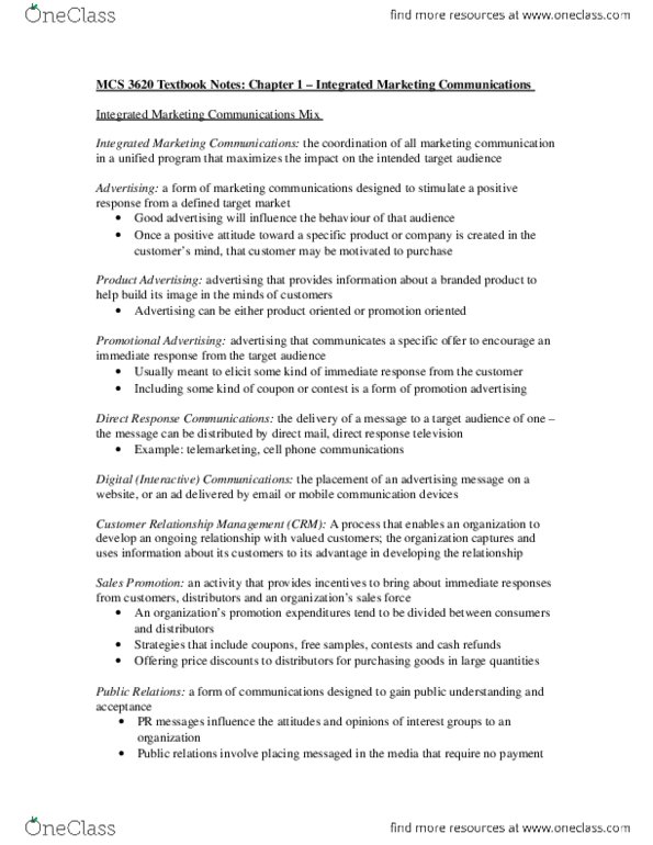 MCS 3620 Chapter Notes - Chapter 1: Customer Relationship Management, Integrated Marketing Communications, Direct Response Television thumbnail