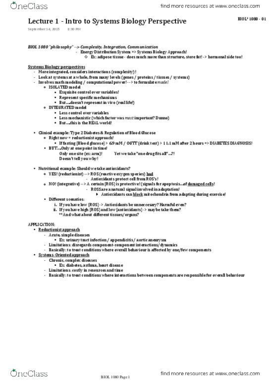 BIOL 1080 Lecture Notes - Lecture 1: Diabetes Mellitus Type 2, Adipose Tissue, Reductionism thumbnail