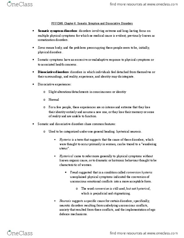 PSYC 385 Chapter Notes - Chapter 6: Factitious Disorder, Conversion Disorder, Dsm-5 thumbnail