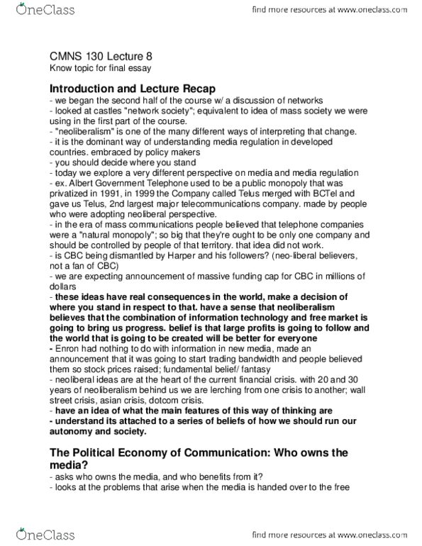 CMNS 130 Lecture Notes - Lecture 8: Bc Tel, Understanding Media, Network Society thumbnail