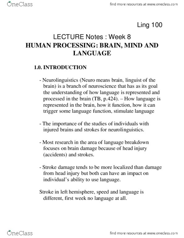 LING 100 Lecture Notes - Lecture 8: Phonological Dyslexia, Neurolinguistics, Dysgraphia thumbnail