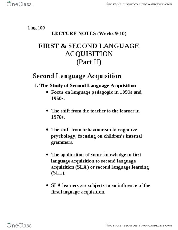 LING 100 Lecture Notes - Lecture 9: Cognitive Psychology, Behaviorism, Elizabeth Bates thumbnail