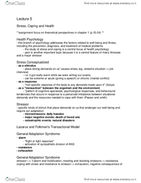 PSYC 102 Lecture Notes - Lecture 5: Stress Management, Sympathetic Nervous System, Hans Selye thumbnail