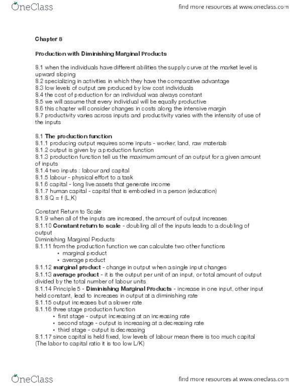 ECON 103 Chapter Notes - Chapter 8: Marginal Product, Production Function, Marginal Cost thumbnail