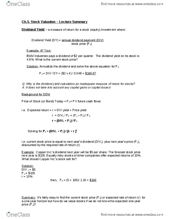 ADMS 3530 Lecture 5: Week 5 - Ch.6. Stock Valuation - Lecture Summary thumbnail