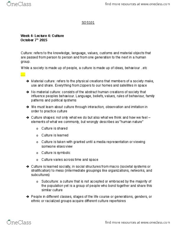 SOC101Y1 Lecture Notes - Lecture 2: Dominant Culture, Nominalism, Ethnocentrism thumbnail