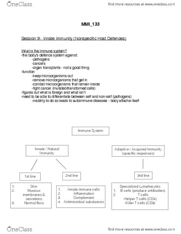 MMI133 Lecture Notes - Lecture 9: Mhc Class I, Monocyte, Lymph Node thumbnail