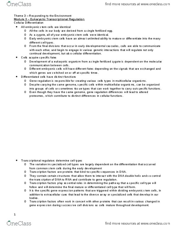 BIOLOGY 1A03 Lecture Notes - Lecture 3: Embryonic Stem Cell, Cellular Differentiation, Gene Expression thumbnail