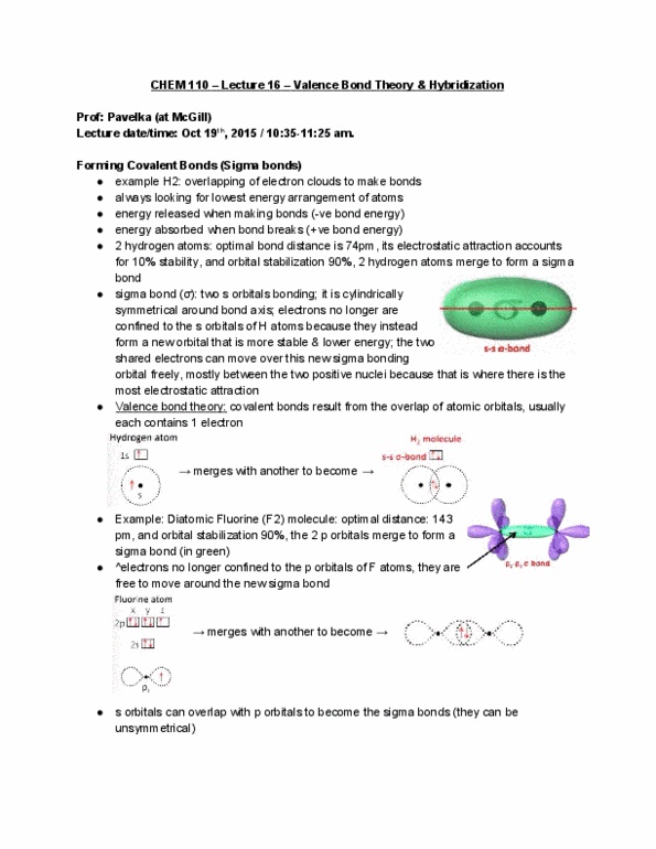 CHEM 110 Lecture Notes - Lecture 16: Valence Bond Theory, Sigma Bond, Hydrogen Atom thumbnail