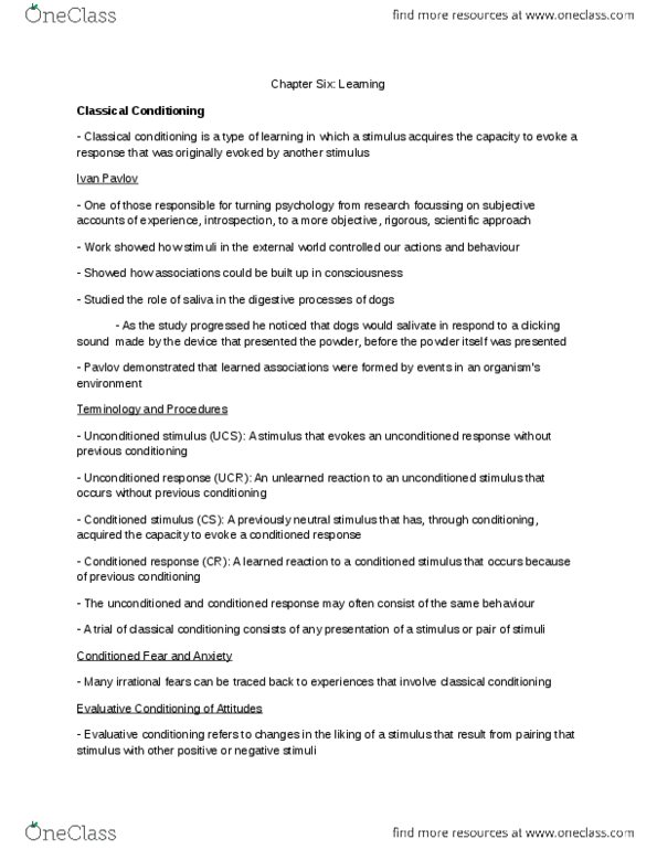 PS102 Lecture Notes - Lecture 6: Classical Conditioning, Operant Conditioning Chamber, Little Albert Experiment thumbnail