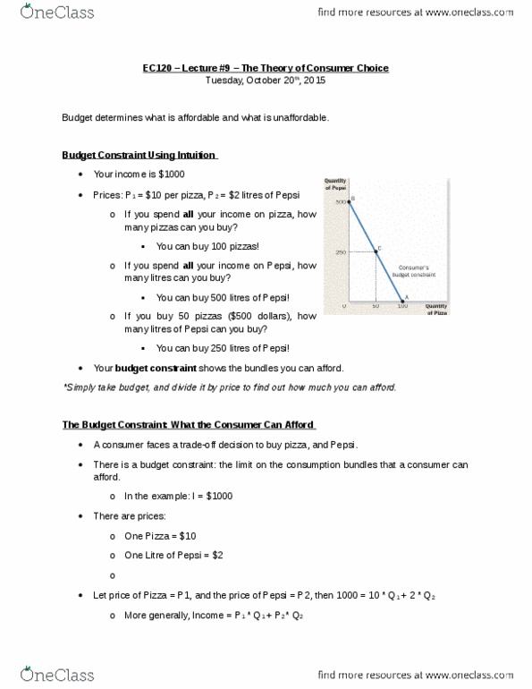 EC120 Lecture Notes - Lecture 9: Budget Constraint, Indifference Curve, Normal Good thumbnail