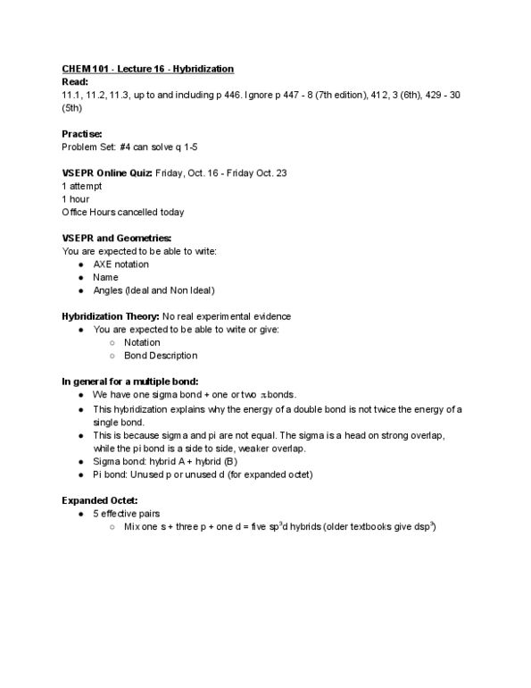 CHEM101 Lecture Notes - Lecture 16: Sigma Bond, Pi Bond, Vsepr Theory thumbnail