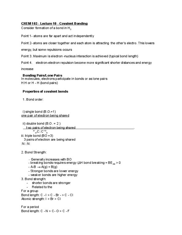 CHEM103 Lecture Notes - Lecture 10: Bond Order, Bond Length, Covalent Bond thumbnail