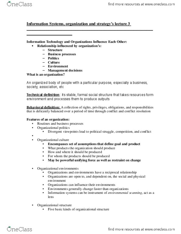 ITM 102 Lecture Notes - Lecture 3: Organizational Culture, Information System, Decision-Making thumbnail