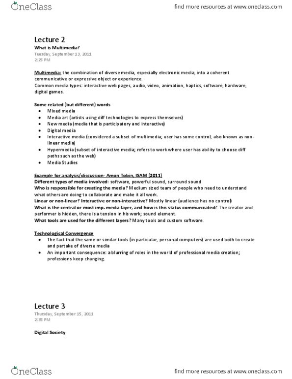 MMEDIA 1A03 Lecture Notes - Lecture 2: Interactive Media, Hypermedia, New Media thumbnail