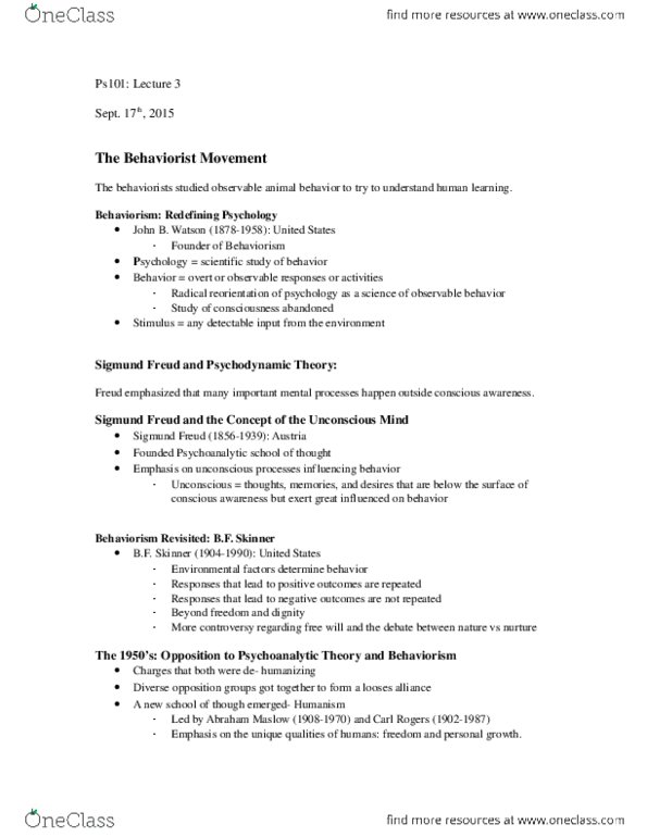 PS101 Lecture Notes - Lecture 3: Noam Chomsky, United States, Behaviorism thumbnail