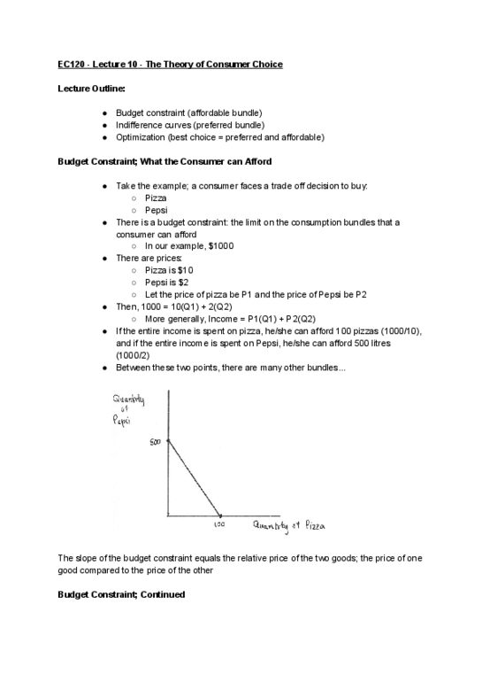 EC120 Lecture Notes - Lecture 10: Budget Constraint, Indifference Curve, Inferior Good thumbnail