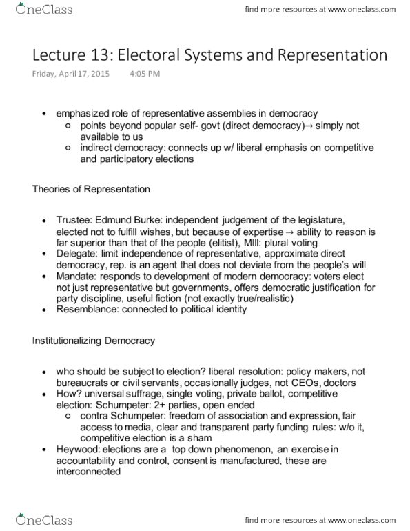 Political Science 1020E Lecture Notes - Lecture 13: Plural Voting, Direct Democracy, Majoritarianism thumbnail