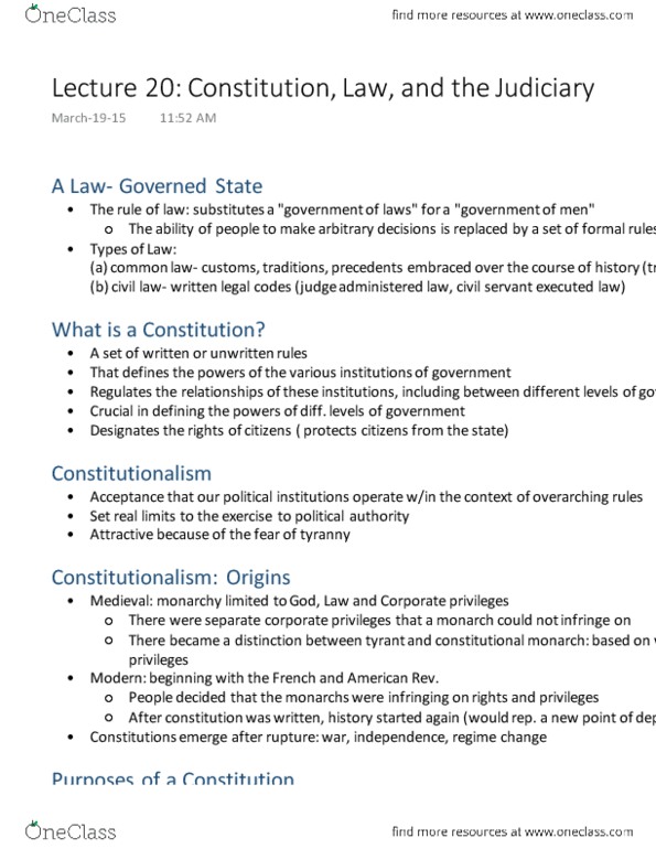 Political Science 1020E Lecture Notes - Lecture 20: Constitutional Monarchy, Tyrant, Constitutionalism thumbnail