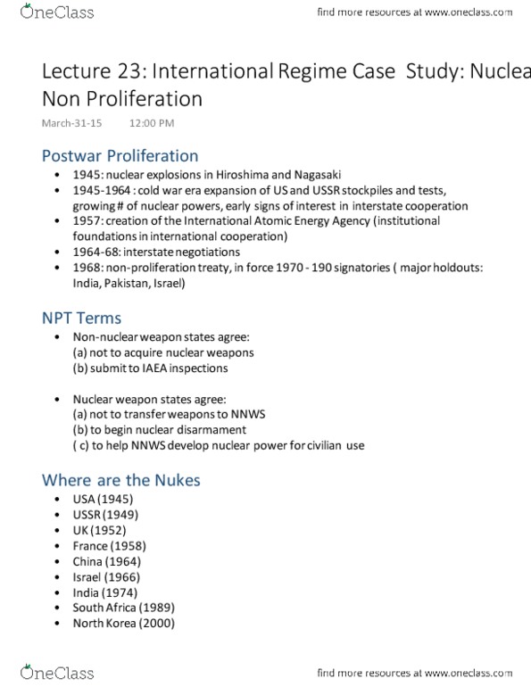 Political Science 1020E Lecture Notes - Lecture 23: Nuclear Weapon, Cold War, Nuclear Proliferation thumbnail