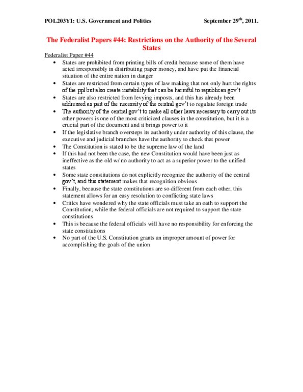 POL203Y1 Chapter Notes -The Federalist Papers thumbnail