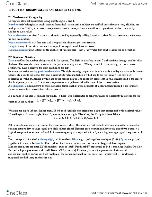 EECS 1520 Chapter Notes - Chapter 2: Positional Notation, Natural Number, Binary Number thumbnail