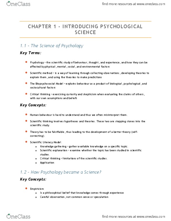 PSYA01H3 Chapter Notes - Chapter 1 & 2: Critical Thinking, Falsifiability, Empiricism thumbnail