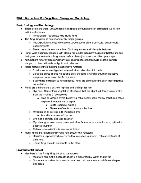 BIOL 110 Lecture Notes - Lecture 19: Glomeromycota, Chytridiomycota, Zygomycota thumbnail