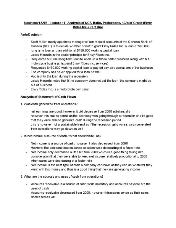 Business Administration 1220E Lecture Notes - Lecture 17: Cash Flow, Net Income, Accounts Receivable thumbnail