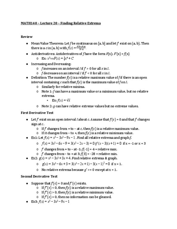 MATH 140 Lecture Notes - Lecture 20: Mean Value Theorem, If And Only If thumbnail